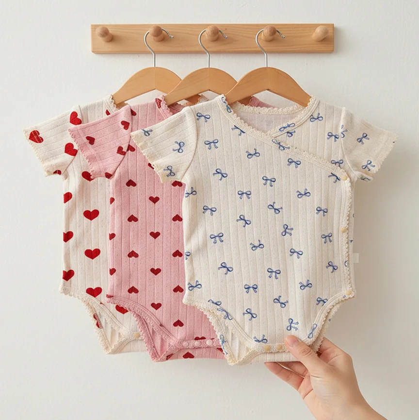 Somenie Baby Climbing Suit Female Treasure Summer Lace Fart Bag Foreign Style Printing Short Sleeve Onesie Triangle Romper
