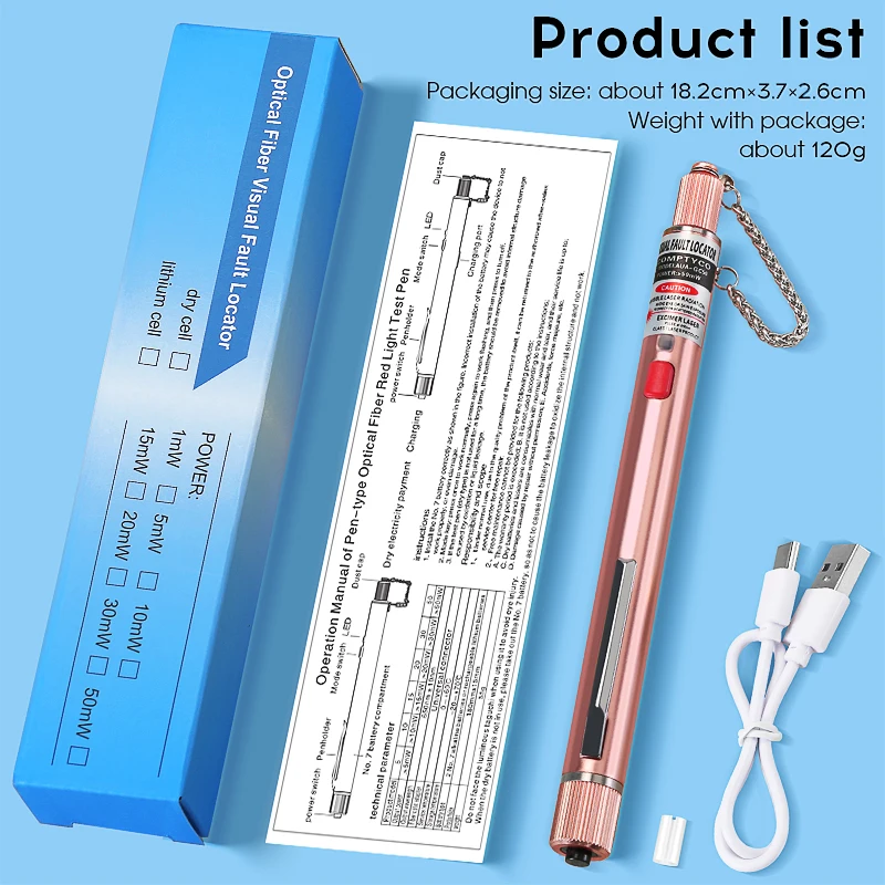 Localizador Visual de fallos recargable de alta calidad, probador de Cable de fibra óptica de 1 ~ 50MW (SC/FC/ST opcional