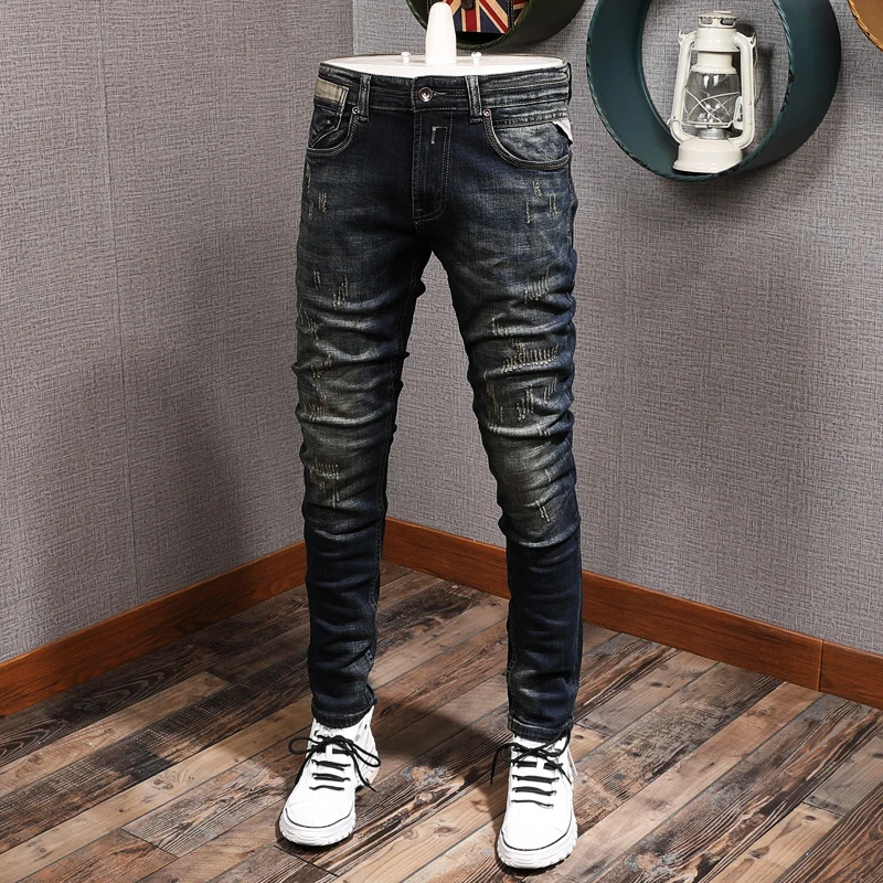 Fashion Designer Men Jeans High Quality Retro Washed Blue Elastic Slim Fit Ripped Jeans Men Trousers Vintage Denim Pants Hombre