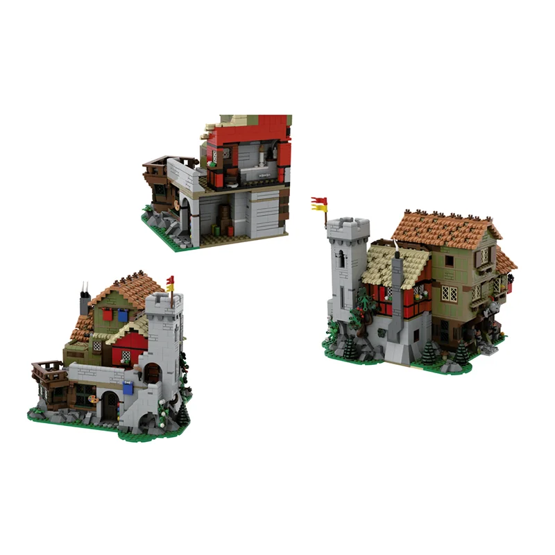 중세 성 모델 Moc 빌딩 벽돌 중세 도시 광장 모델 기술 모듈 형 블록 선물 장난감 DIY 세트 조립