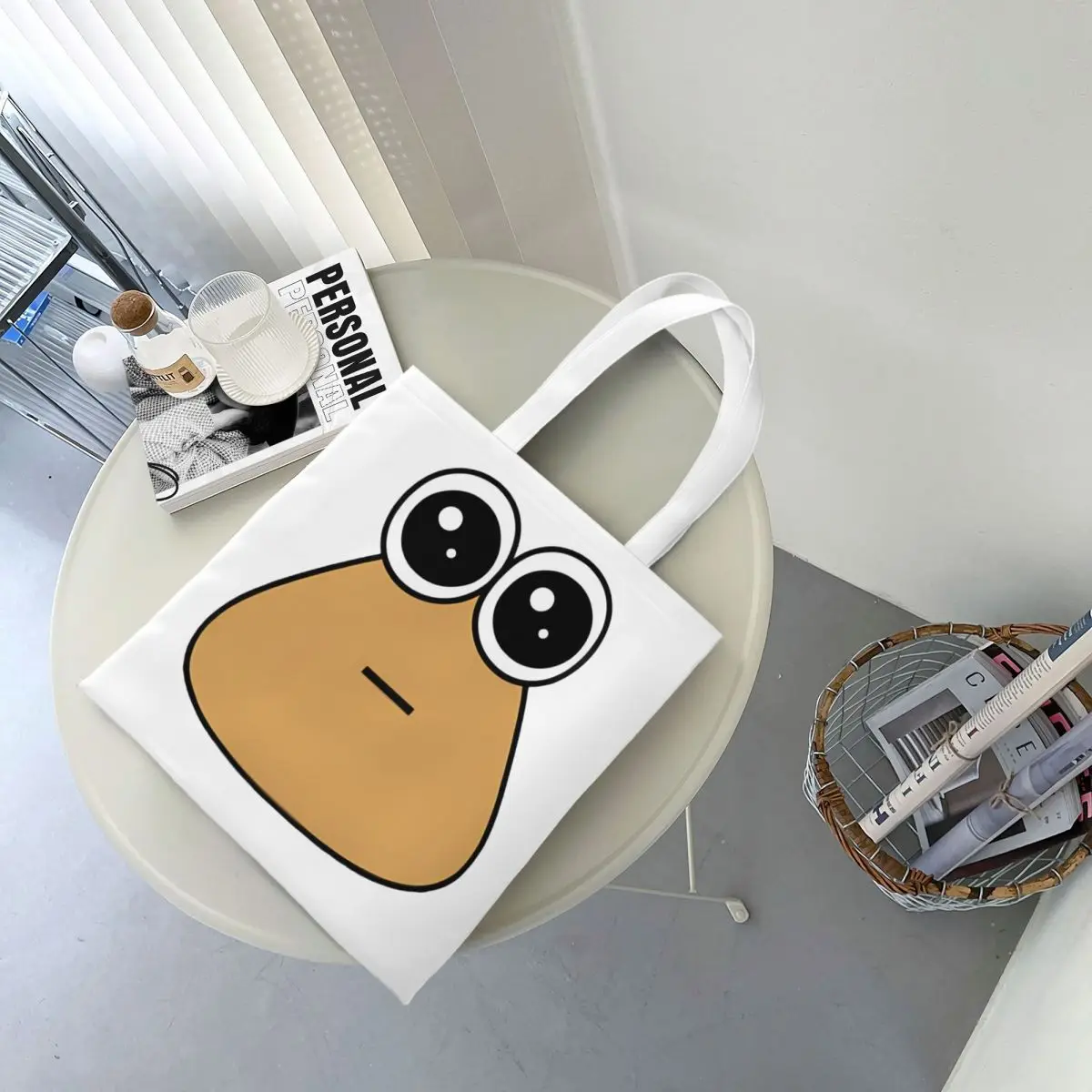 My Pet Alien Pou Canvas Tote Bag Simple Style Large Capacity Shopping Bag for Women Student Bags