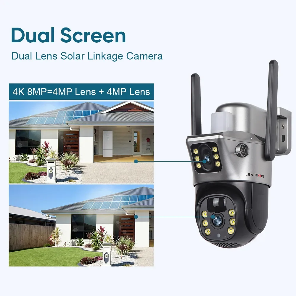 LS VISION 8MP 4G SIM Card Dual Screen Solar Cameras 4K WiFi PTZ Dual Lens Built-in Battery Human Auto Tracking Security Camera