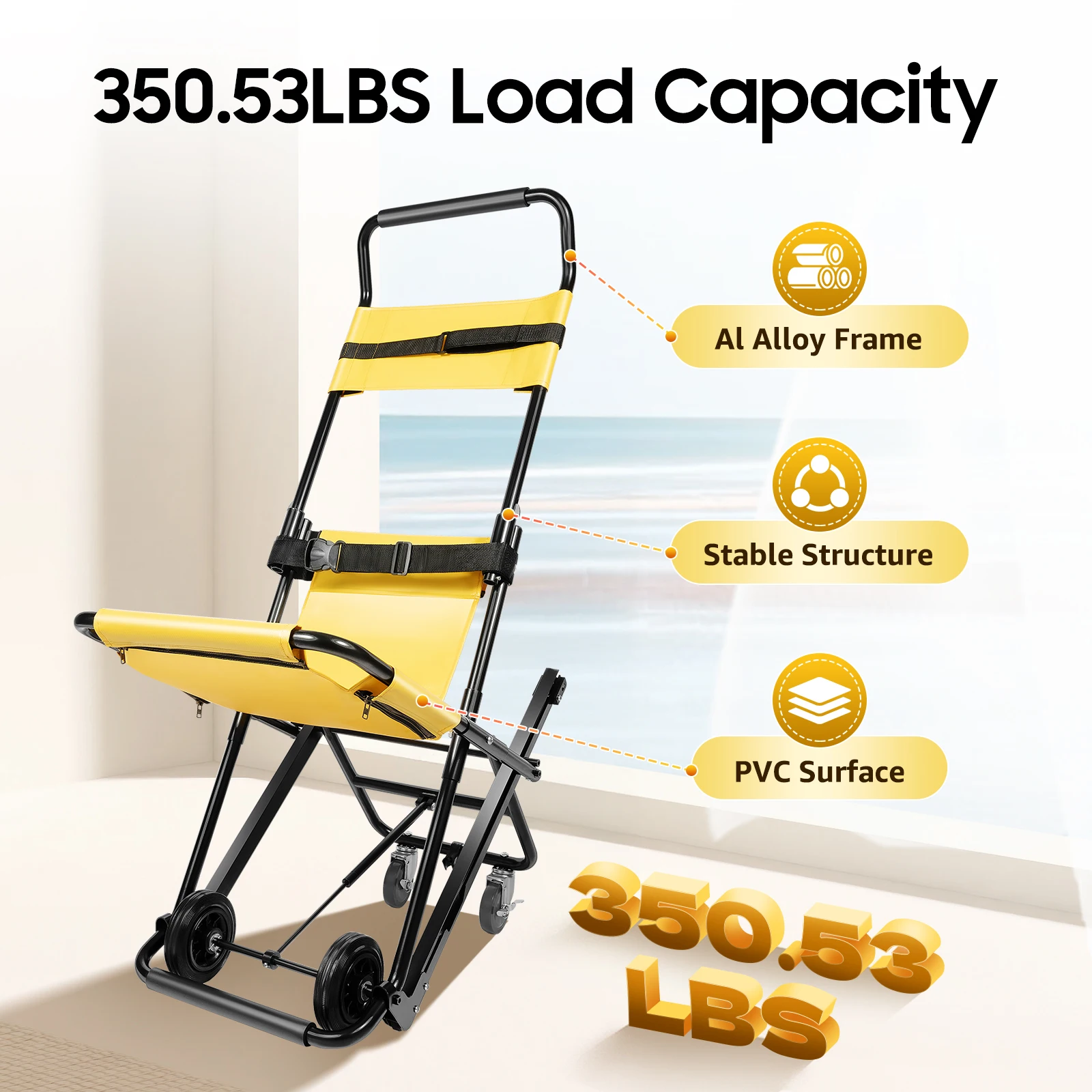 350lbs Foldable Manual Lift Stair Chair, Portable Emergency Folding Transportation Dolly Cart for Elderly Downstair Evacuation