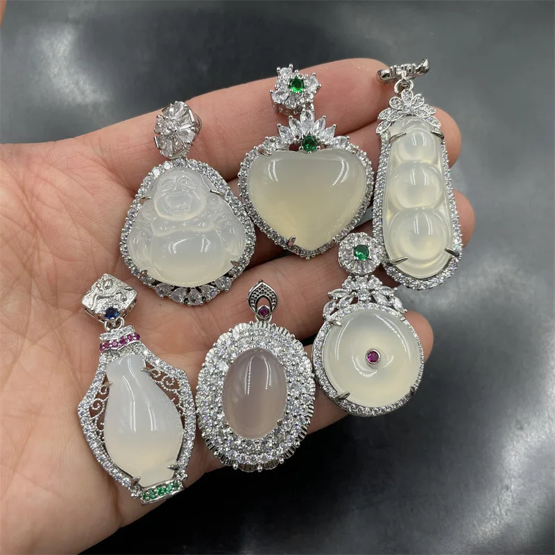 Inlaid White Chalcedony Agate Maitreya Buddha Sauteed Green Beans Peace Chicken Hearts Pendant