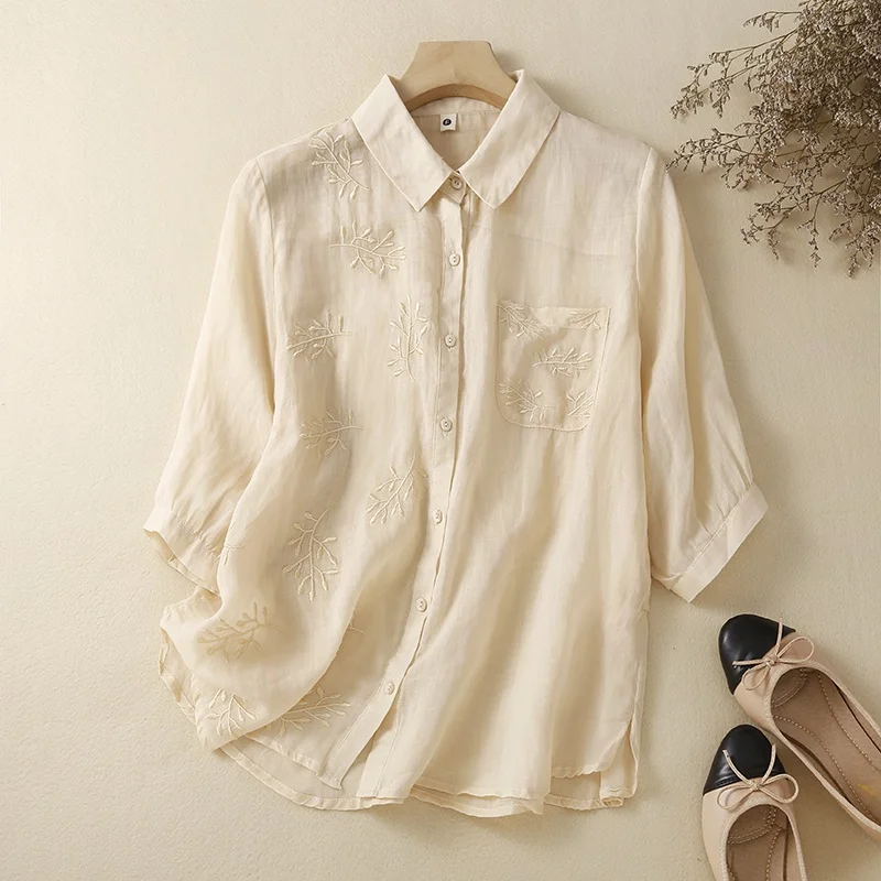 Vêtements d'été irt brodés en coton et lin de couleur Pure, coupe cintrée, haut du corps Seven Sve, ourlet fendu simple