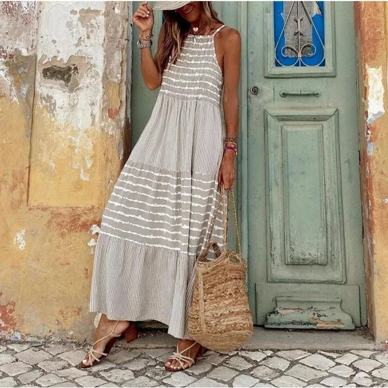 Maxi Long Dress Women Mom Boho Round Neck Sling Dresses Striped Sleeveless Loose Summer Streetwear Print Loose Casual Vestidos