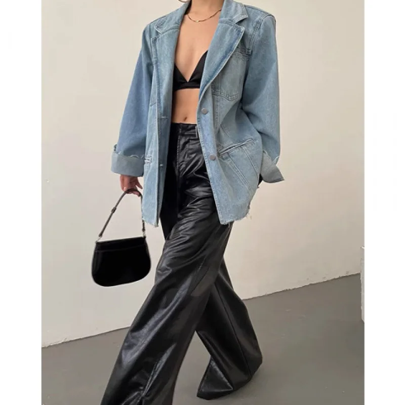 Giacca di jeans con spalline SuperAen per donna Tasca retrò americana di media lunghezza Primavera e autunno Cappotti di moda con intaglio di nuovo design