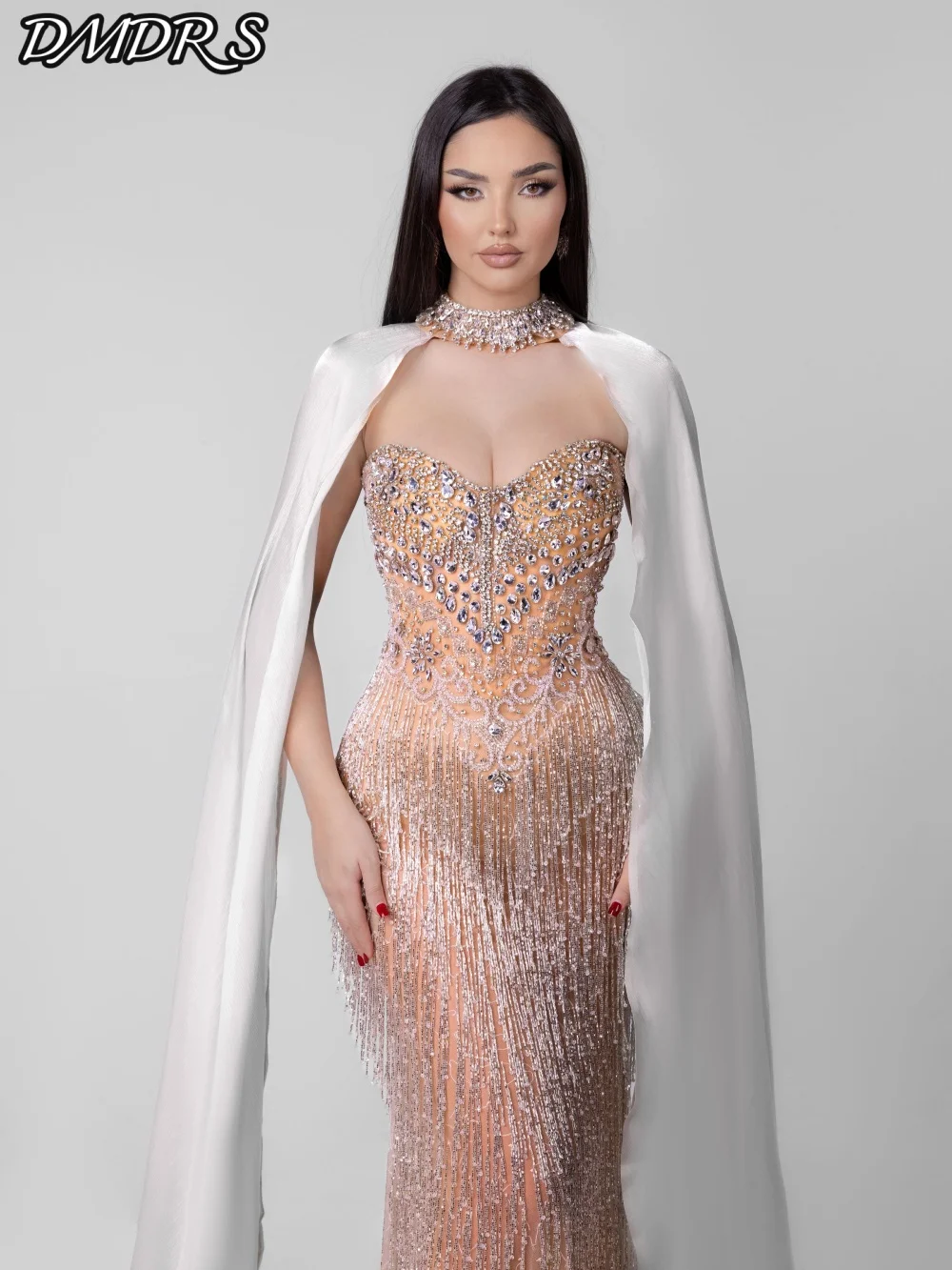 

DMDRS Strapless Shawl Evening Dress 2025 Crystal Beaded Party Gown Charming A-Line Satin Floor-Length Party Dress Customized