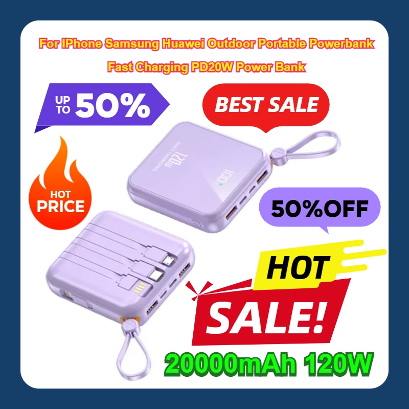 For IPhone Samsung Huawei Outdoor Portable Powerbank Fast Charging PD20W 20000mAh 120W Power Bank