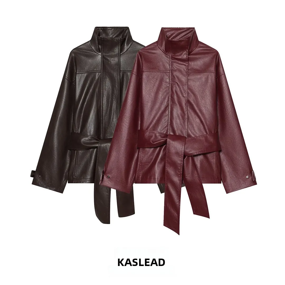 KASLEAD Women's Biker Leather Jacket Stand Collar Waist Belt Short Sleeve Long Sleeve Polyester Fiber Autumn Fashion Outerwear