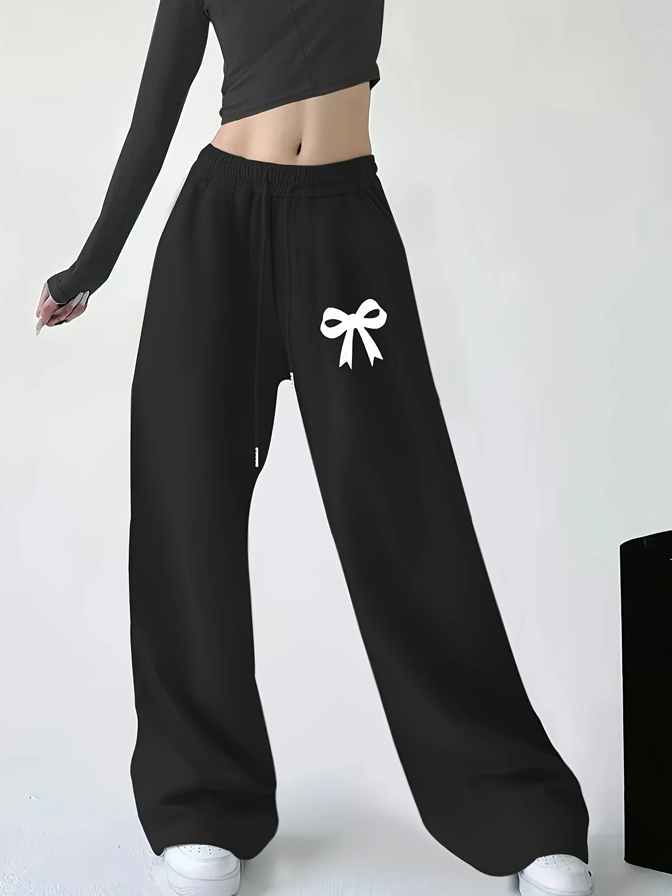 

Женские повседневные спортивные штаны больших размеров в уличном стиле с бантом и принтом, осенне-зимние флисовые свободные уличные брюки большого размера