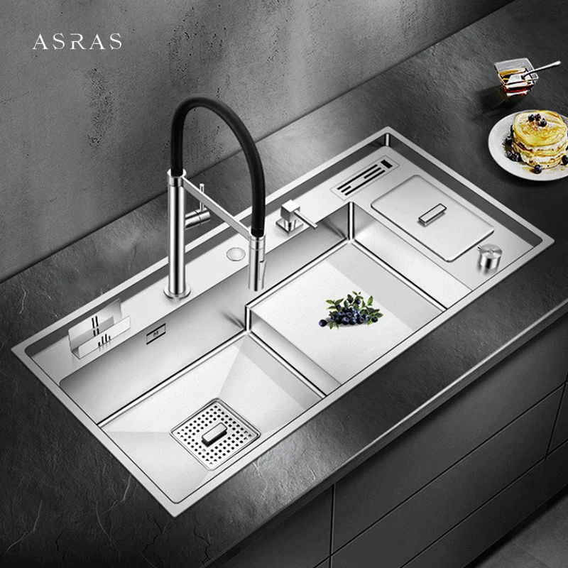 

ASRAS Luxury Large Size Step Kitchen Sink SUS 304 Stainless Steel 4mm Thickness Handmade Brushed Step Sinks With Trash Can