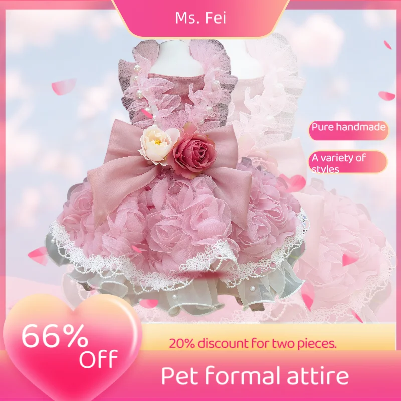 

New Luxury Princess Dog Dress|Floral Lace Photo Session Gown with Adjustable Bow | Long Train S/M Yorkie/Poodle Wedding Outfit