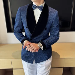 Men Spring High Quality Double-Breasted Tuxedo Man Slim Fit Velvet Solid Color Business Suit Jacket Male Groom's Casual Blazers