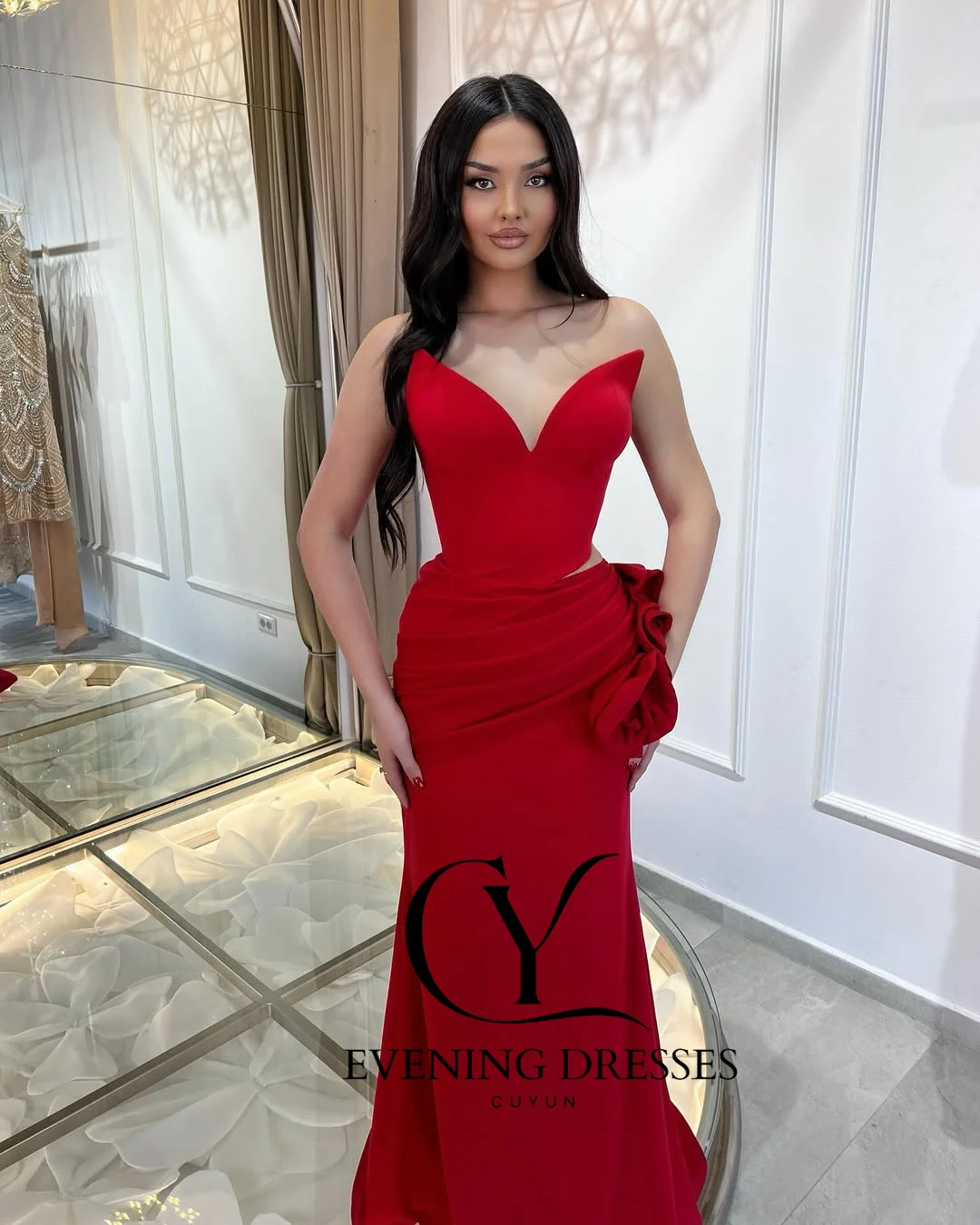 CUYUN Red Sexy Women Evening Gown for Special Occasion Strapless 3D Flowers Pleated Party Dresses Customized Banquet Dresses