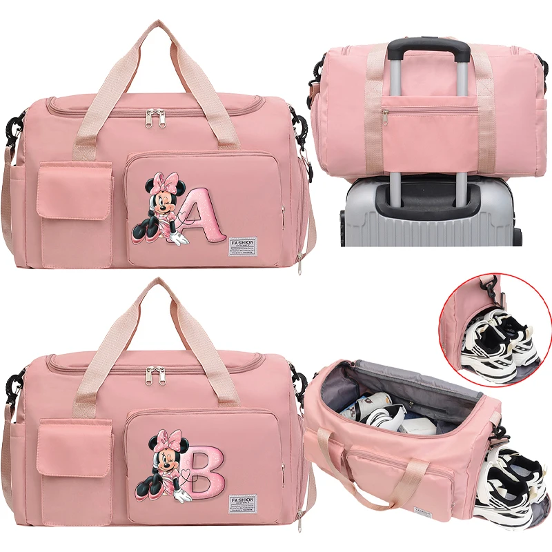 Minnie Mouse Disney Letter Tote Travel Bag Portable HandBag Large Capacity Storage Bags Gym Duffle Pack with Shoe Compartment