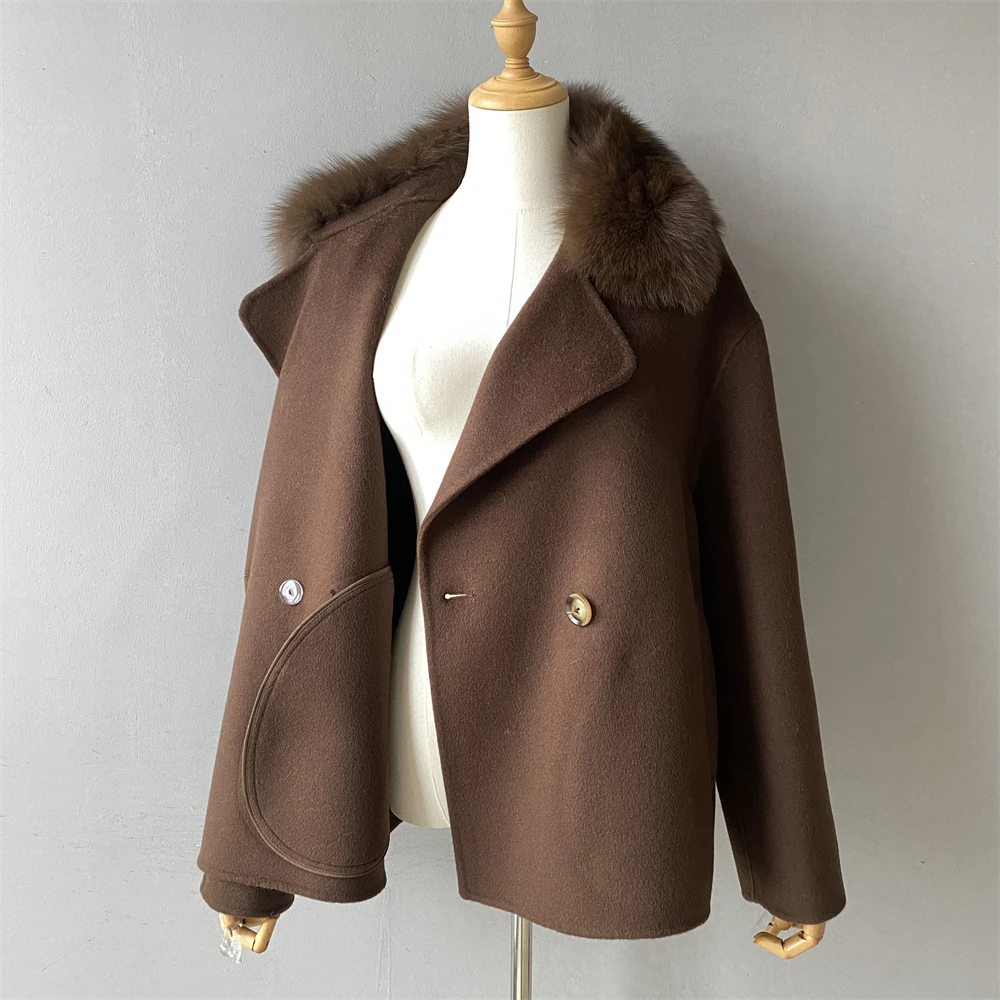 Jaxmonoy Wool Coats for Women Winter Real Fox Fur Collar Cashmere Wool Jacket 2025 Fall New Design Ladies Casual Loose Outerwear