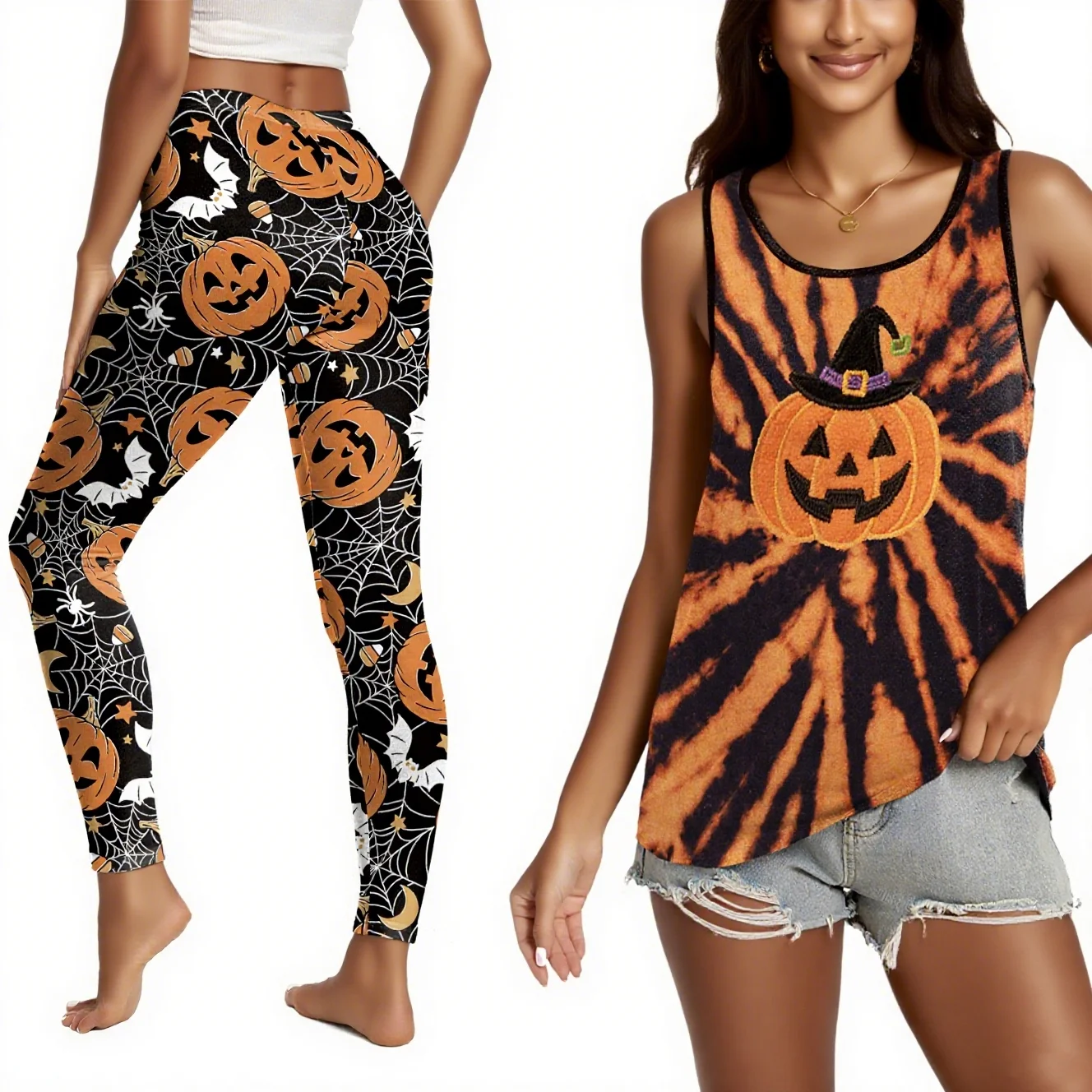 

2PCS Women Halloween Ghost Skull Print Vest Cosplay Girl Sexy Black Tank Tops Elastic Y2K Sleeveless Shirt Festival Party Top