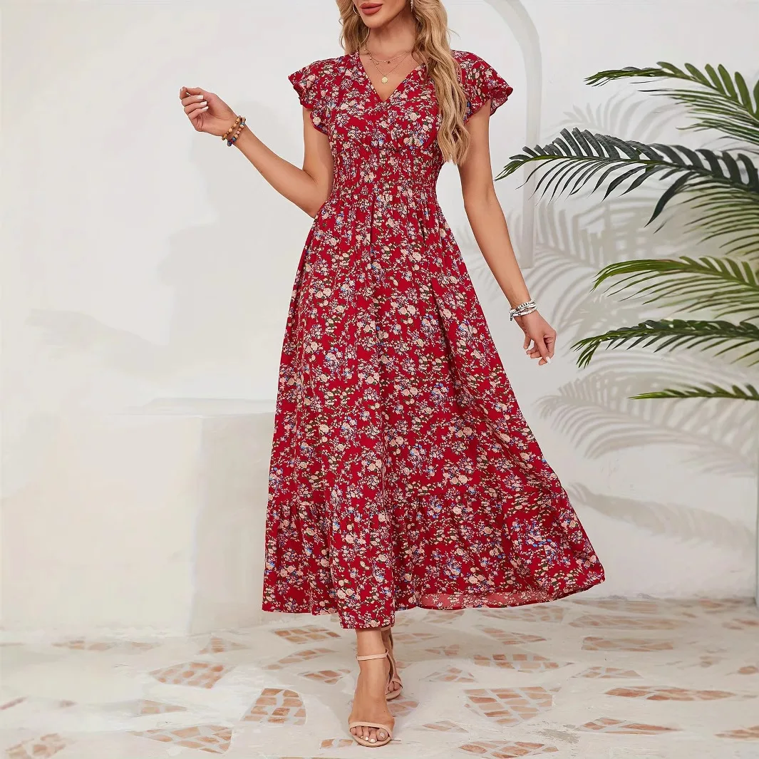 Vestido francês estampado feminino verão estilo bohe manga voadora slim serve para cintura alta vestido floral com decote em v vestido maxi longo