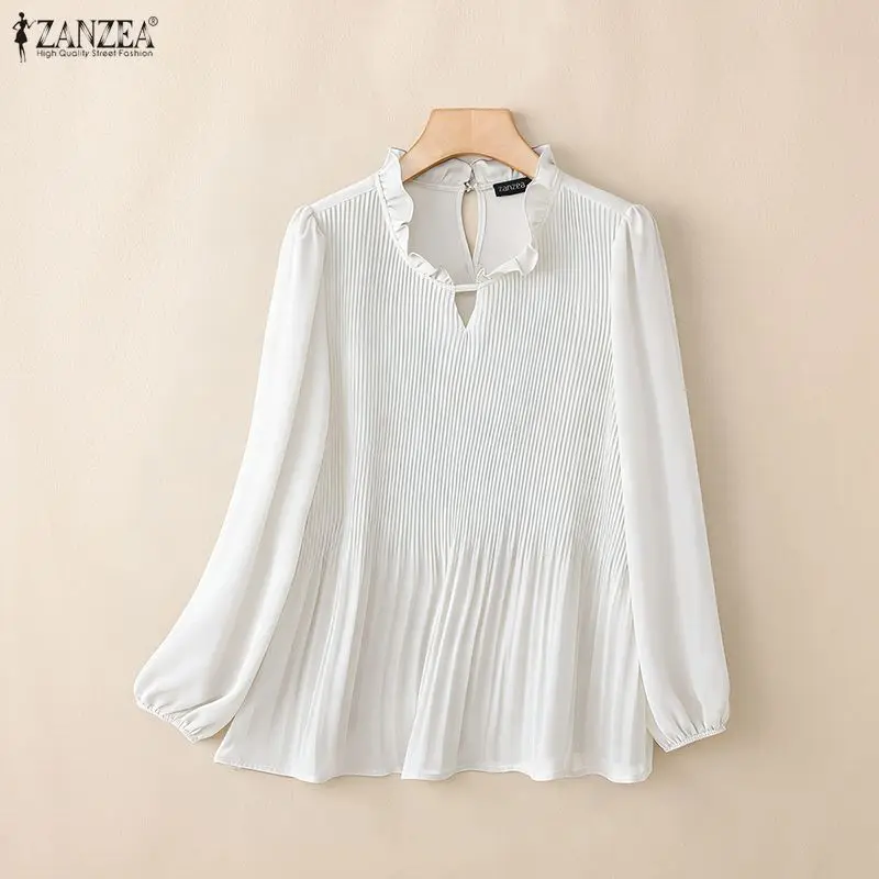 ZANZEA Ruffle Tops Spring Autumn Chiffon Tops Women Blouse Casual V-Neck Pleated Long Lantern Sleeve Elegant Office Tunic