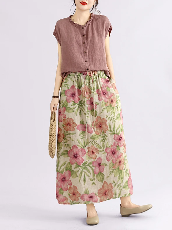 Retro Washed Linen Print Elastic Waist Skirt Women's Straight Cut Midi Skirt Casual Versatile Early Autumn New Style