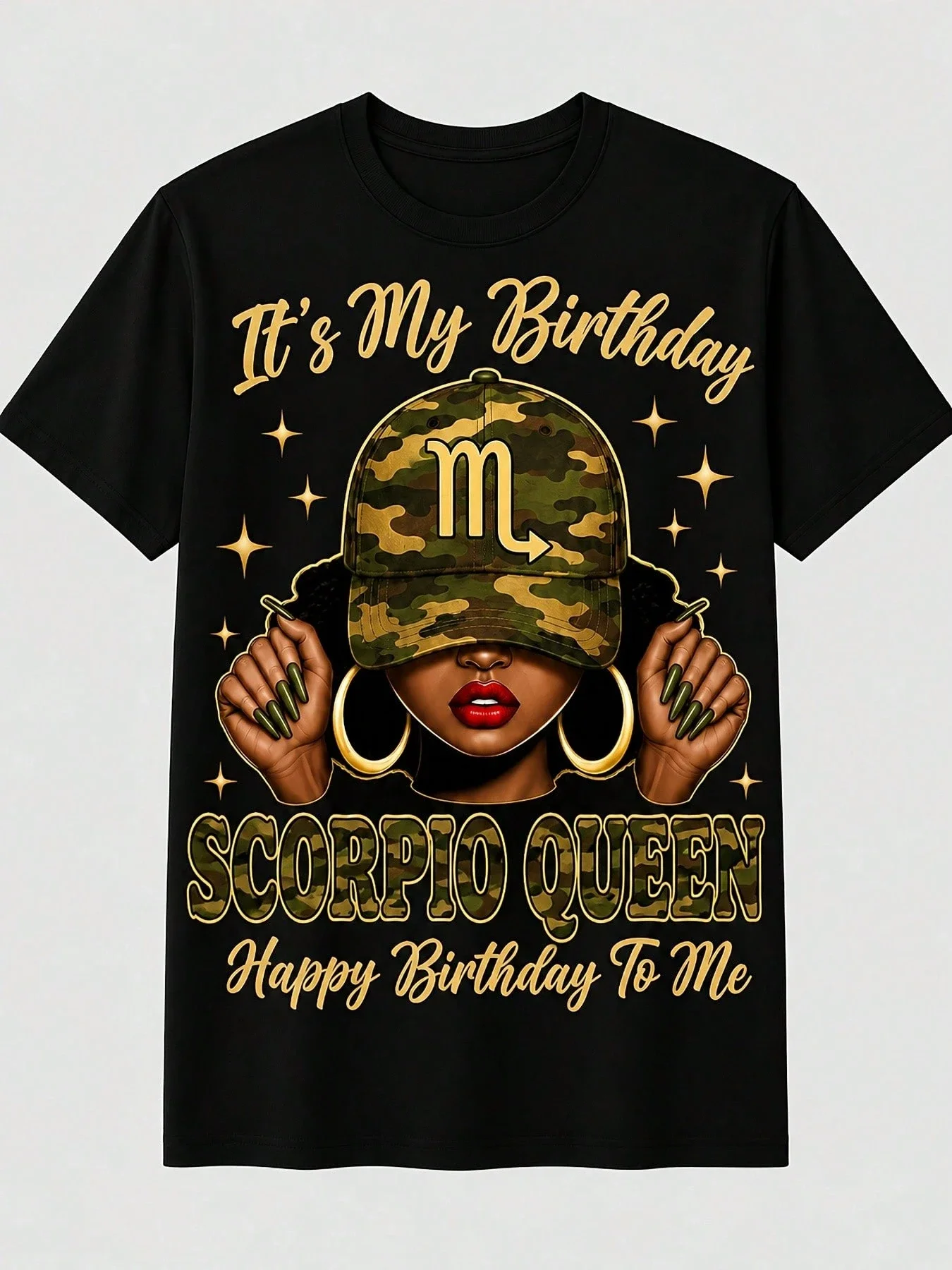 Women's Black Zodiac T-Shirt, Scorpio Queen Camouflage Birthday Pattern T-Shirt, Bold Astrology Design For Birthday Parties, Casual Wear And Zodiac Gi