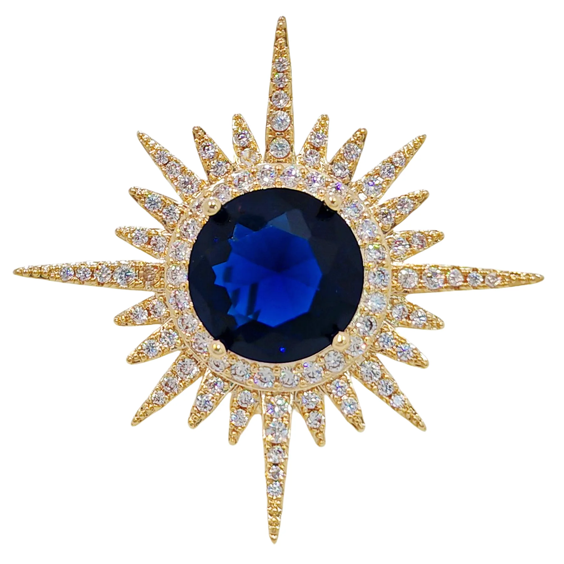 

Блестящая брошь CZ Sunburst, темно-синий центральный камень, золотой тон со стразами