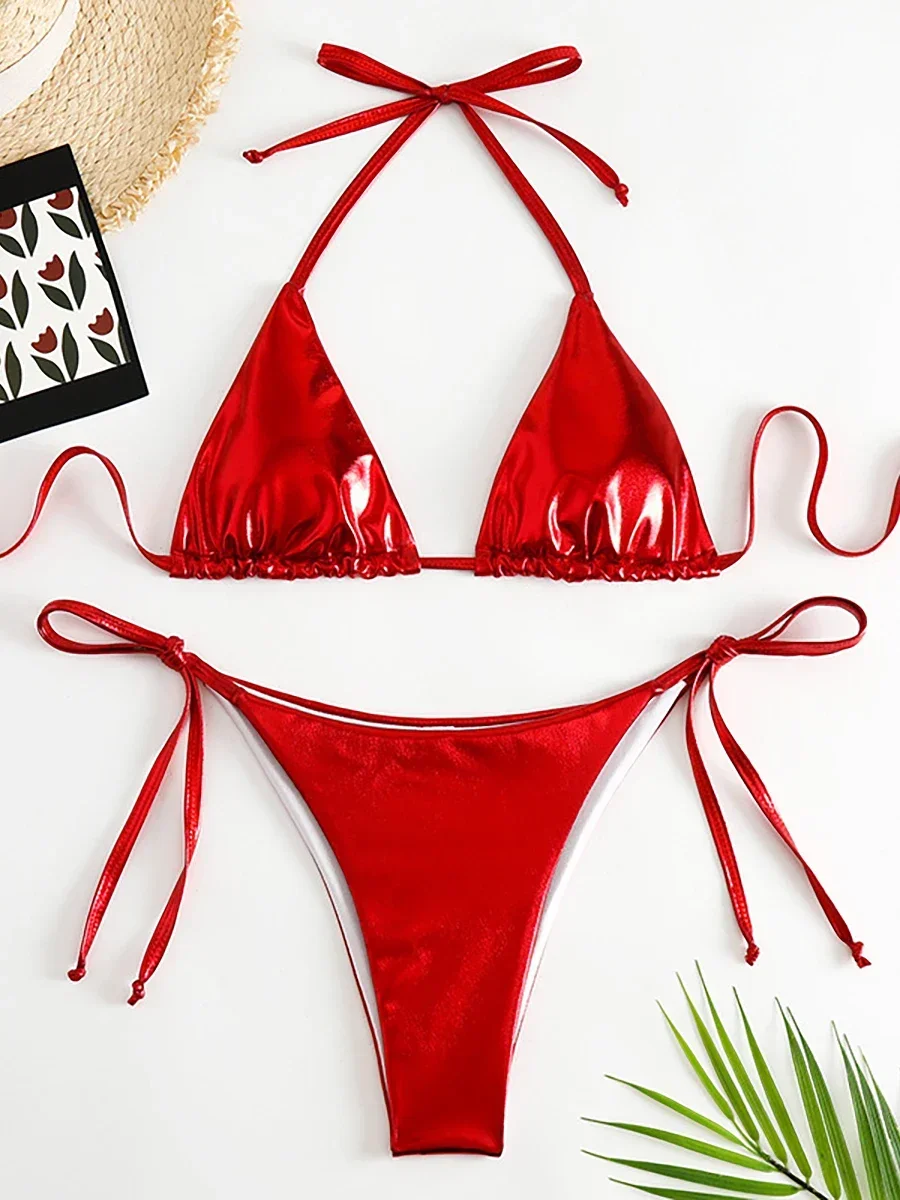 Sexy Metallic Halter Bikinis Sets Lace Up Triangle Tie Side Bikini 2024 Swimsuit Women Swimwear Brazilian Female Bathing Suits