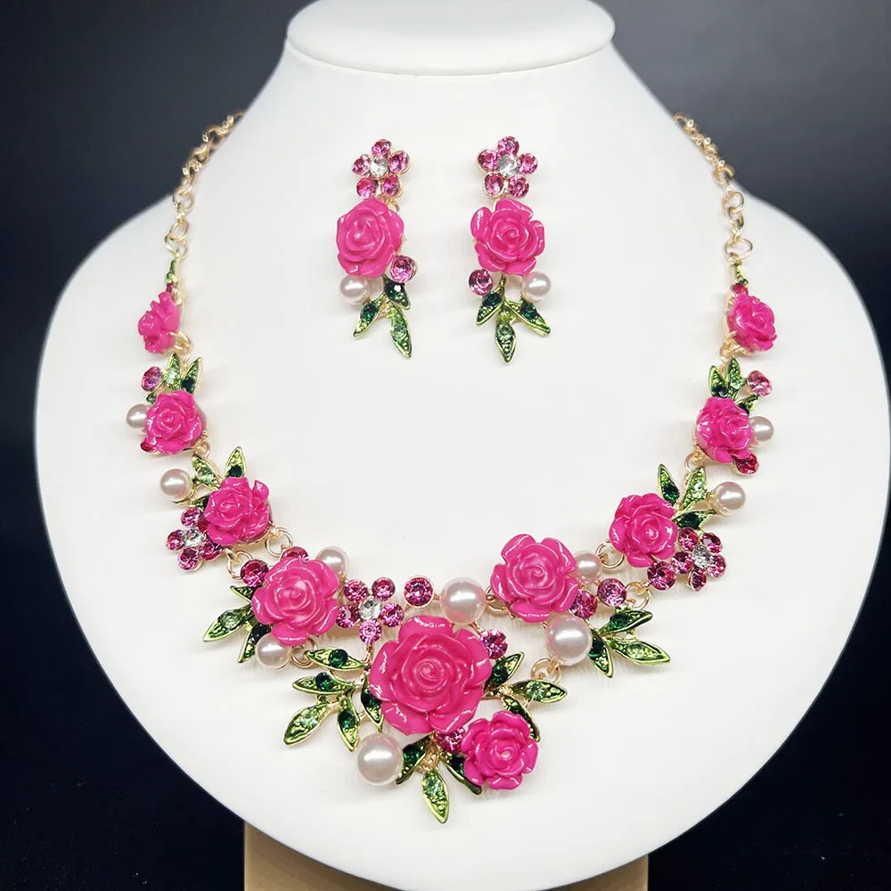 1 Set Multicolor Flowers Crystal Jewelry Set Pearl Enamel Necklace Earrings Set Camellia Luxury Bridal Jewelry Set