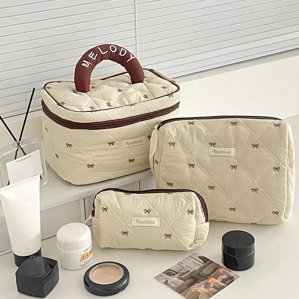 Fashion Brown Bow Cake Women Makeup Zipper Bag Large Capacity Tote Organizer Toiletry Cosmetic Pouch Ladies Make Up Handbag