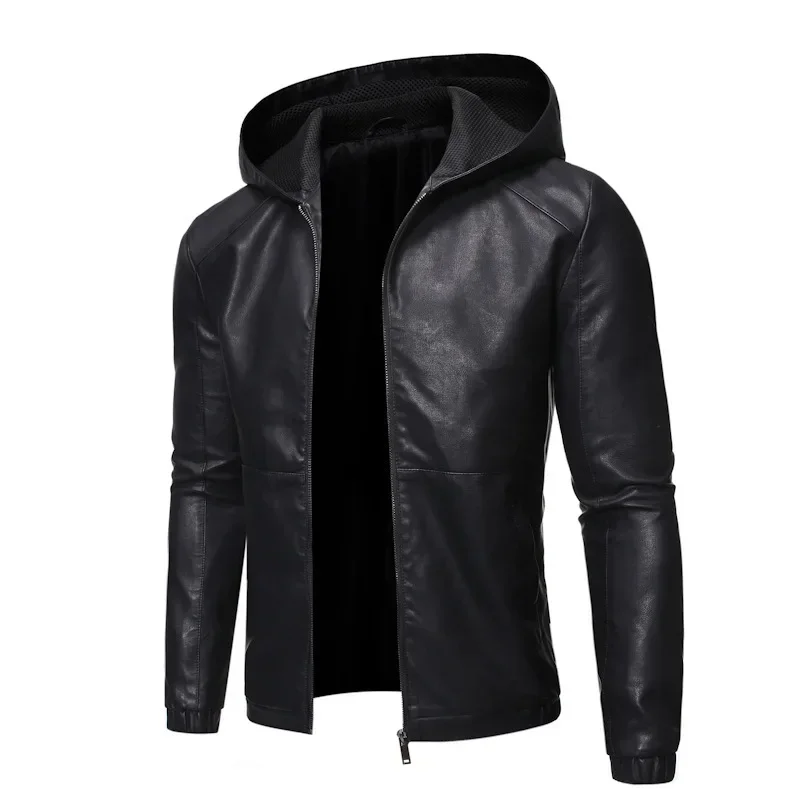 Mens Faux Leather Jacket Motorcycle Outerwear Fashion Hooded Pu Moto Biker Jackets Black Slim Leather Coat Man Plus Size 5Xl