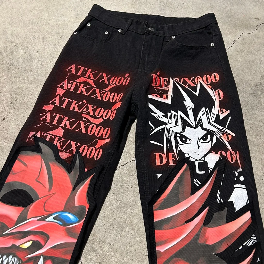 Harajuku slifer the sky dragon print y2k men’s jeans popular anime baggy jeans wide leg pants streetwear trouser men clothing