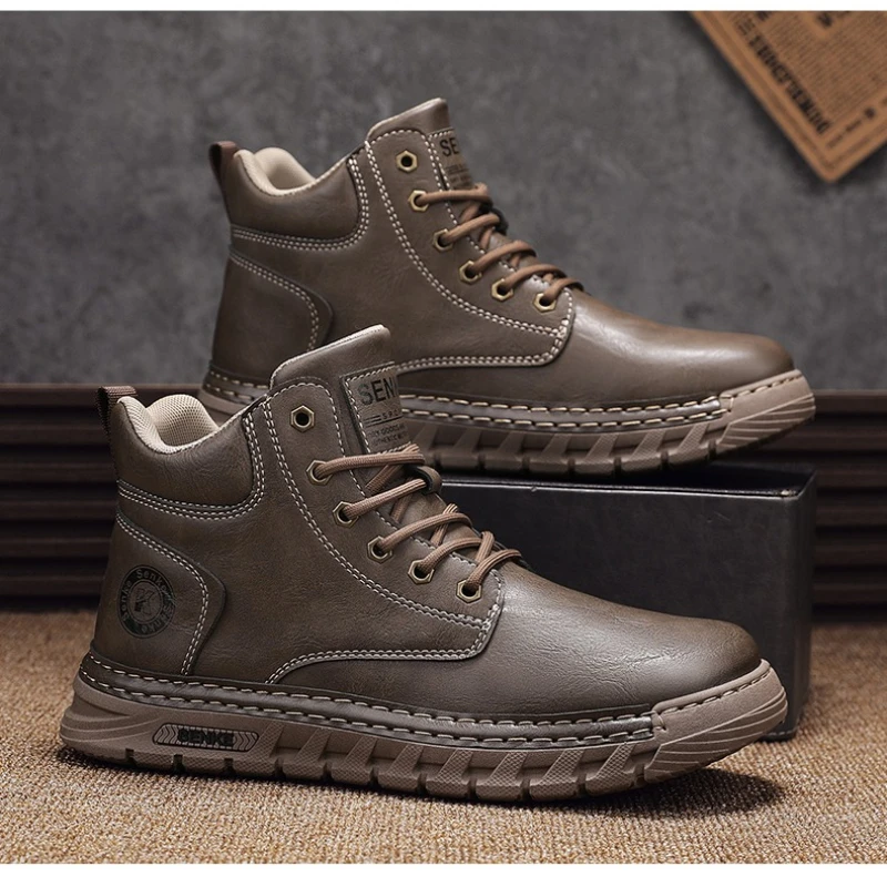 

Spring and Autumn High-top Leather Solid Color Retro Style Flat Mid-top Lace-up Durable Men's Plus-size New Work Boots