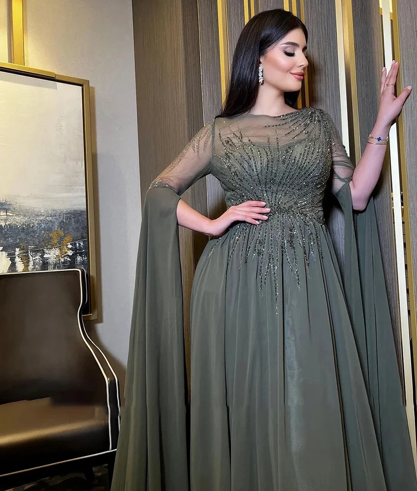 Abito da sera con paillettes a trapezio in chiffon squisito personalizzato Abiti da celebrità lunghi fino al pavimento con maniche lunghe o-collo di alta qualità