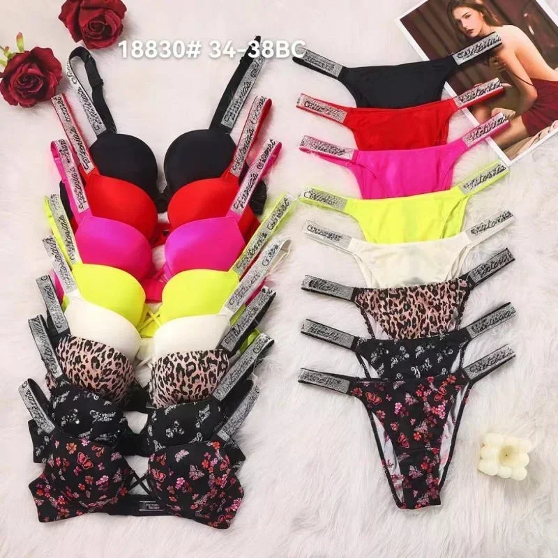 Lencería de diamantes de imitación, conjunto de sujetador y Tanga de realce con correas de tendencia Sexy, sujetador cómodo, ropa interior recogida ajustable, venta al por mayor