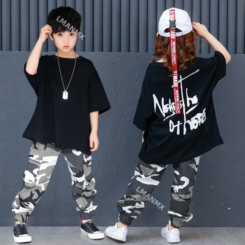 Kid Hip Hop Clothing Graphic Tee Oversized T Shirt  Girl Boy Dance Costume Clothes Camouflage Streetwear Tactical Cargo Pants