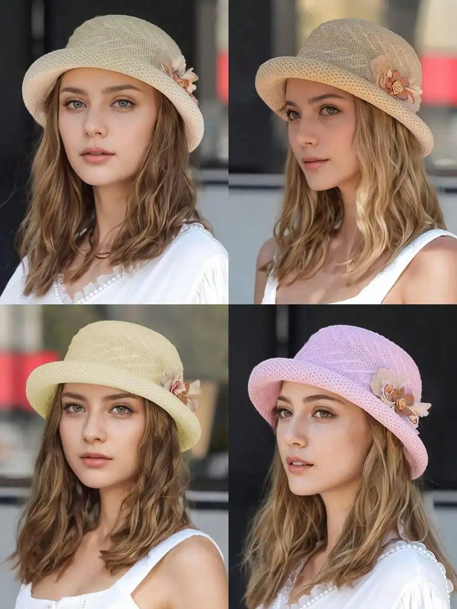 Eleganter Retro-Strohhut für Damen mit 3D-Blumendekor und gerolltem Rand, leichter, hohlgehäkelter Bucket Hat, Sonnenschutzhut