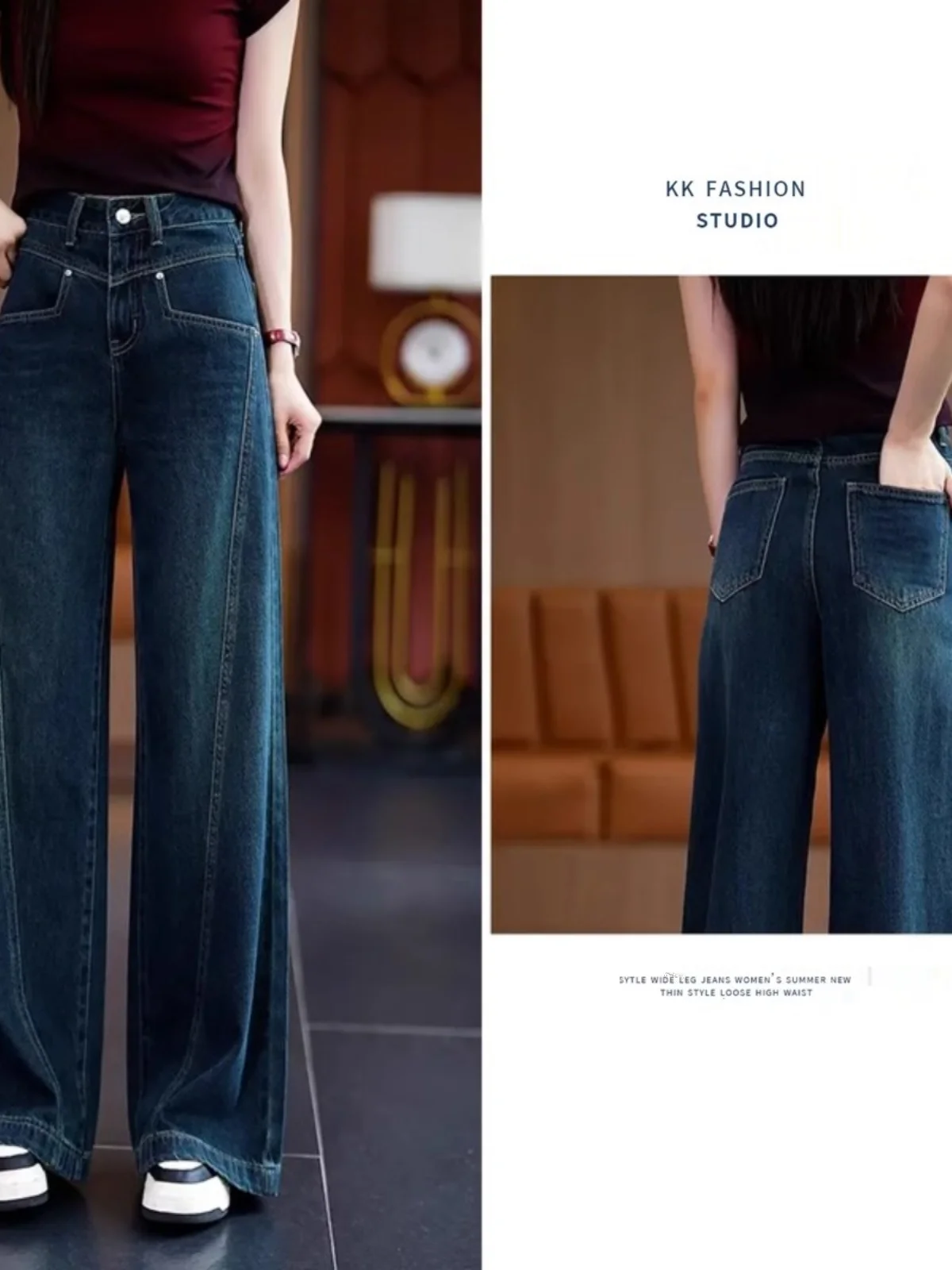 

Новинка 2025, женские широкие джинсы с высокой талией, длинные брюки глубокого цвета, весенне-осенние модные комбинезоны, женские брюки Zhengzhou