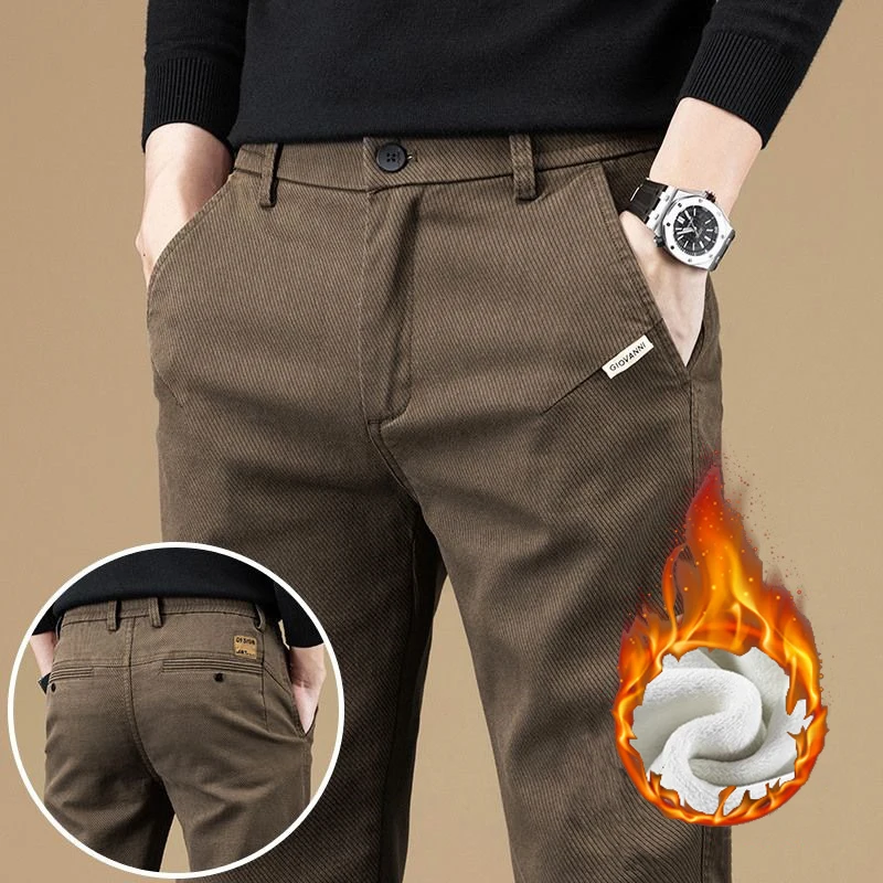 

Men Autumn Winter Business Casual Thickened Warm Pants Men Fashion Daily Slim Fit Straight Leg Trousers Classic Gray Trousers
