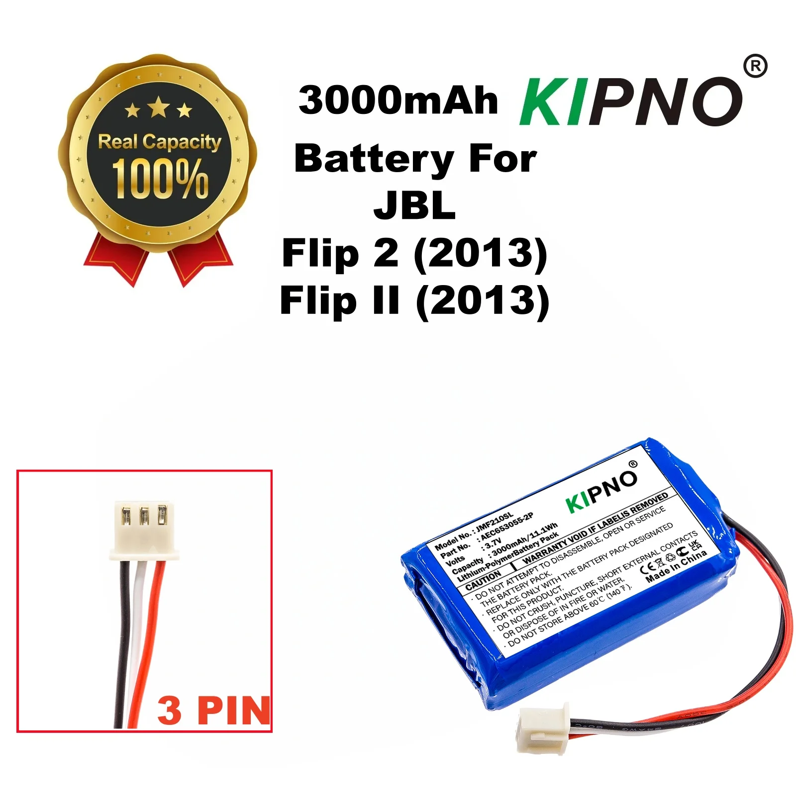 KIPNO Li-Polymer Speaker Battery for JBL AEC653055-2P Flip2 (2013)  Flip II (2013) 3.70V 3000mAh