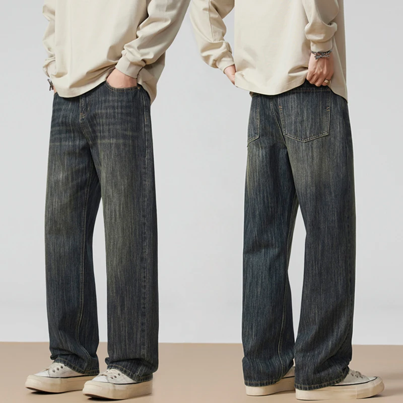 

Autumn New Men's Vintage Straight Jeans Fashion Bamboo Joint Pattern Loose Distress Trousers Male Wide Streetwear Denim Pants
