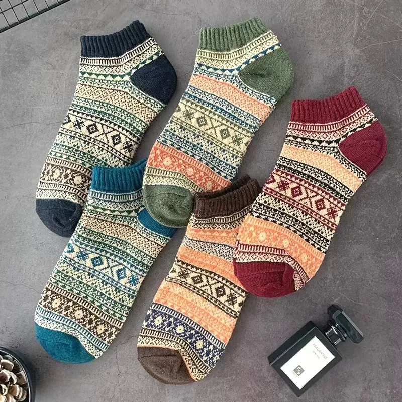 Double Thread Cotton No Show Socks Vintage Ethnic Style Thick Yarn Sweat Absorbent Japanese Harajuku Ankle Socks