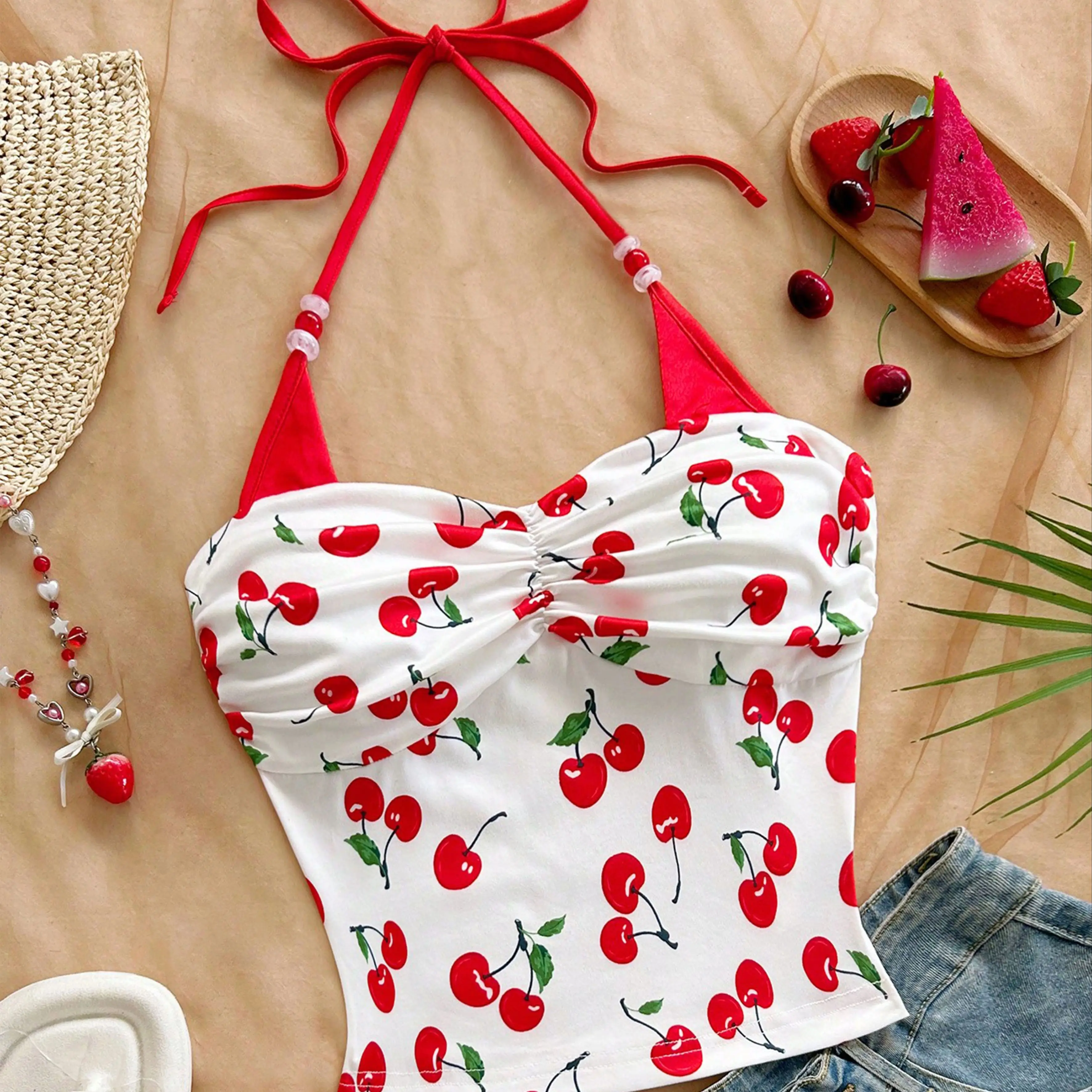 Damen-Neckholder-Top mit Kirschmuster und Farbblockierung, Sommer-Strandurlaub, Strandparty, Sommerparty – Detail 2