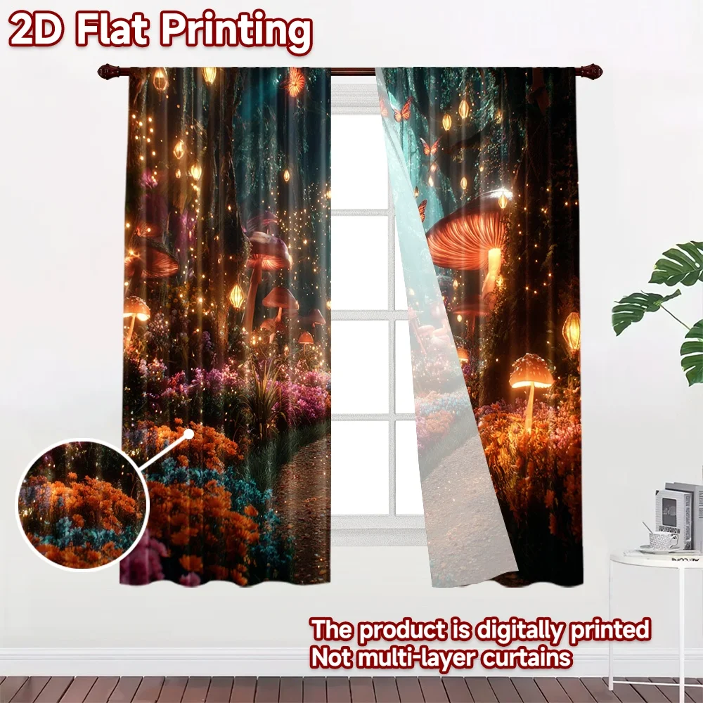 2D flat printing 2pcs Window Curtains Enchanted Forest Path Mushrooms Digital Printed Polyester Drapes Family Party for Indoor