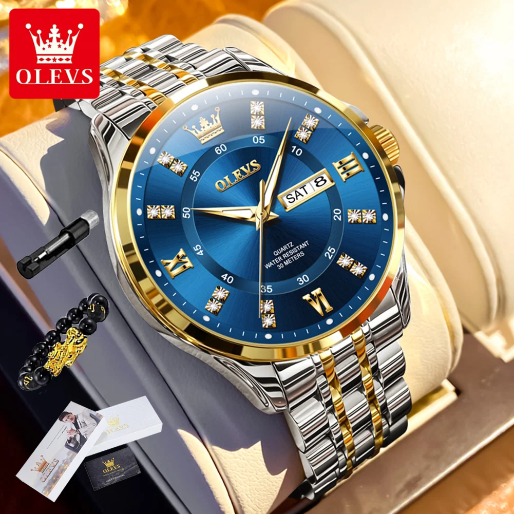 

OLEVS 3620 Men Watch Stainless Steel Business Dual Calendar Waterproof Quartz Watch Luxury Brand Diamond Men Watch Reloj Hombre