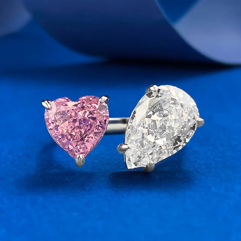 S925 Silver New High Carbon Zircon Inlaid Water Drop Ice Flower Cut Imported Pink Redion Open Ring Women's Jewelry