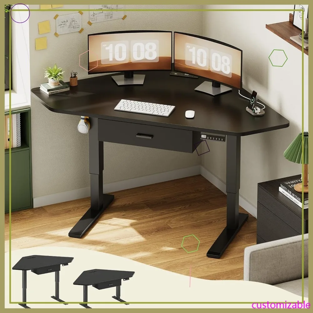 

32-дюймовый электрический угловой стол с выдвижным ящиком, регулируемый по высоте игровой компьютерный стол для небольших помещений, черный