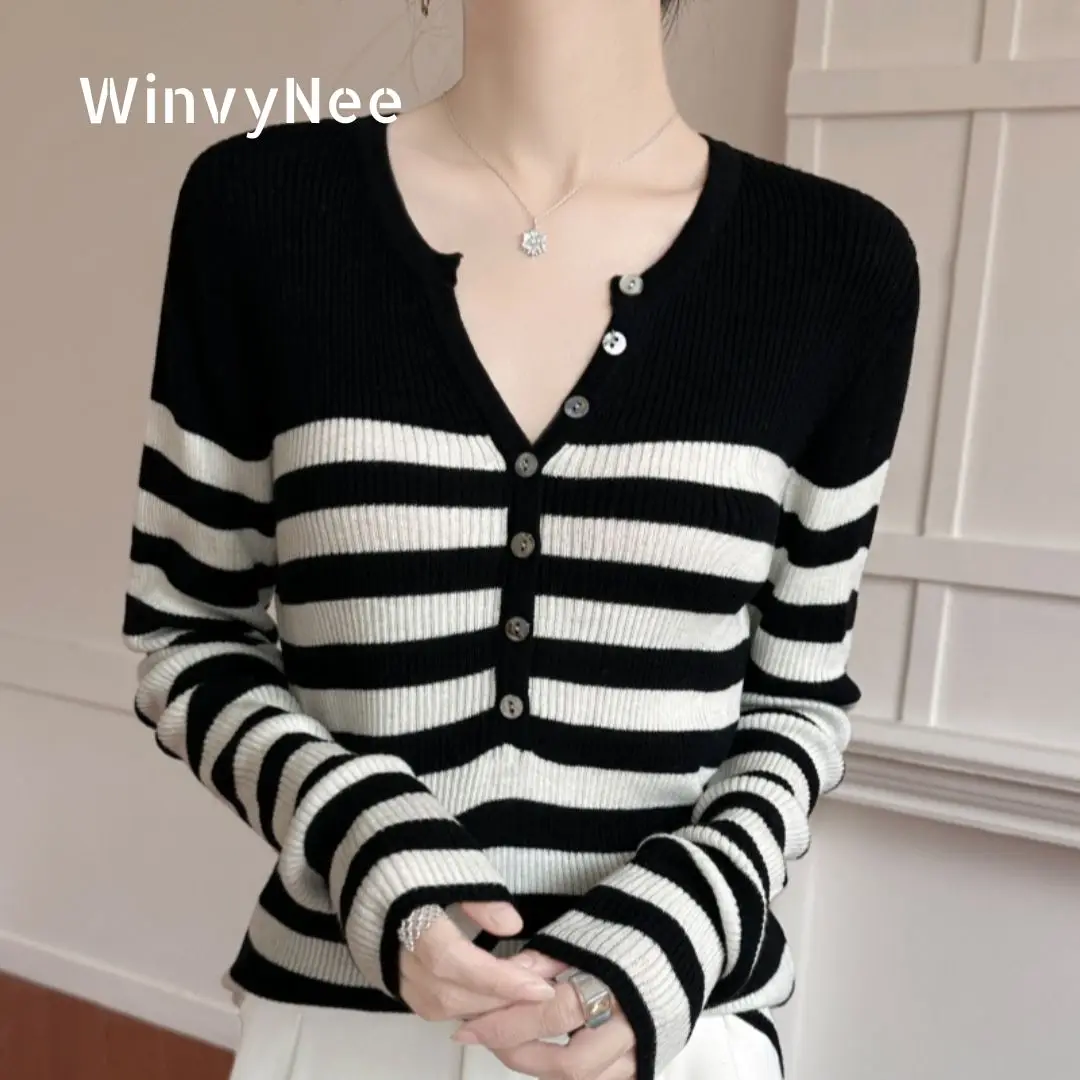 

Женский шерстяной вязаный топ WinvyNee в полоску с воротником хенли и застежкой на пуговицах, стильный дизайн, весенняя повседневная базовая верхняя одежда ZA1047039