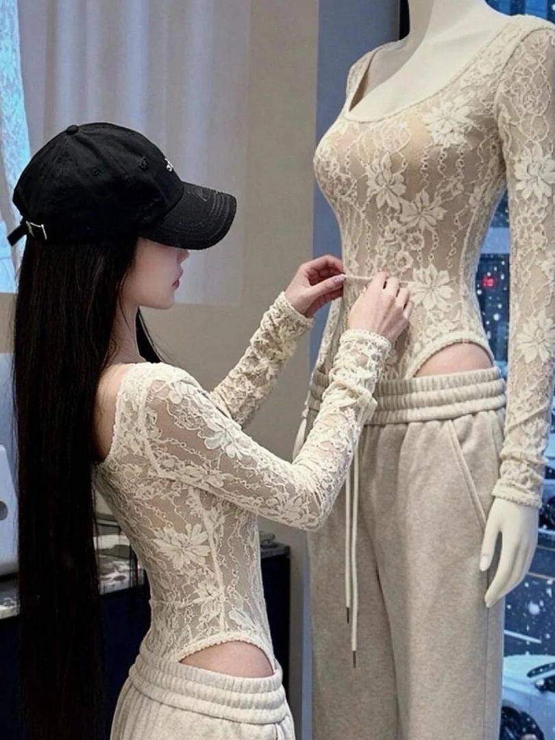 Body de Encaje Blanco Sexy para Mujer, Camiseta Interior de Manga Larga, Estilo Coreano, Ajustada, para Otoño e Invierno