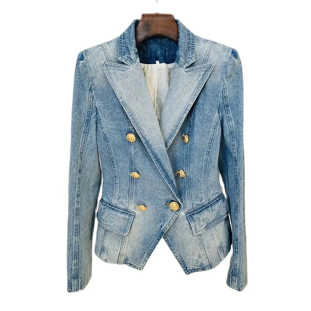 Newest 2024 Designer Jacket Women\'s Slim Fitting Double Breasted Lion Buttons Denim Blazer